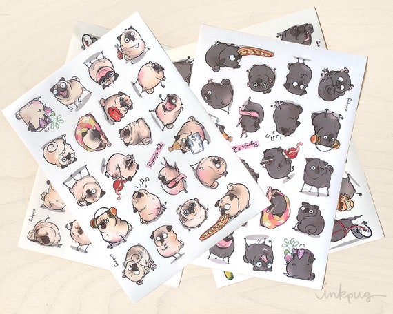 Pugmojis pug stickers cute black pugs by Inkpug fawn and black pug sticker sheets fawn and black pug planner stickers