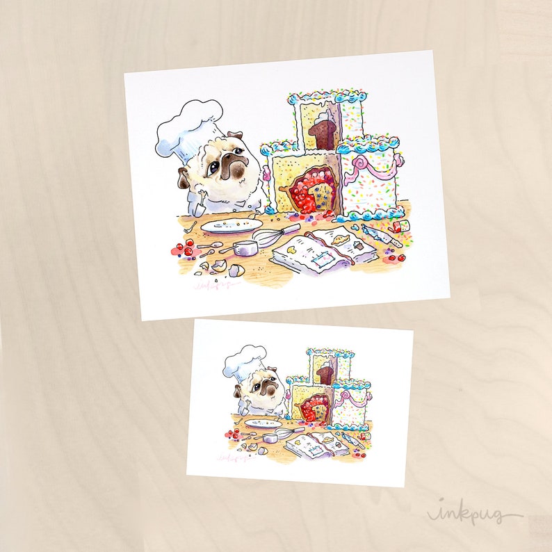 May include: A cartoon pug wearing a chef's hat is baking a multi-tiered cake. The pug is looking at the cake with a confused expression. The cake is decorated with sprinkles and cherries. There is a cookbook open on the table, and a whisk and other baking tools are scattered around.
