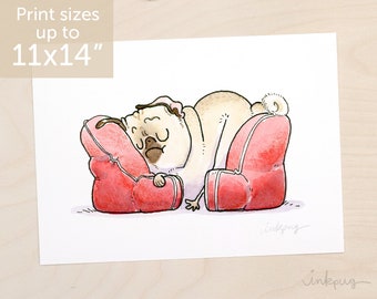 Relax pug art - cute napping pug print by Inkpug