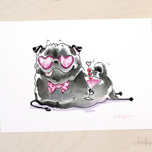 May include: A black pug wearing pink heart-shaped sunglasses and a pink bow tie, holding a martini glass with a cherry garnish. The pug is sitting on a white background.