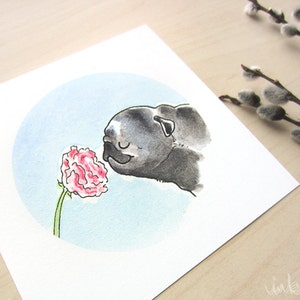 Flower Pugs: Tulip Angelique Black Pug Art Print - Spring Flower Print, Cute Pug Decor, Garden Art Square Print with Pugs by Inkpug