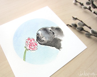 Flower Pugs: Tulip Angelique Black Pug Art Print - Spring Flower Print, Cute Pug Decor, Garden Art Square Print with Pugs by Inkpug