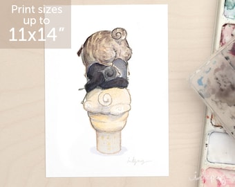 3 Scoops pug art print - fawn pug, black pug and brindle pug ice cream cone, pug butts print, pug wall art, pug decor by Inkpug