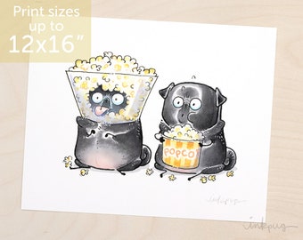 Movie Night popcorn pugs print - black pugs eating popcorn print, popcorn pug kitchen print, two black pugs art by Inkpug