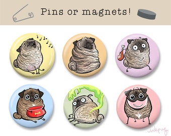 Pugmojis BRINDLE pug pins and magnets - cute brindle pugs magnets, pug gifts, pug accessories, pinback buttons, fridge magnet sets by Inkpug