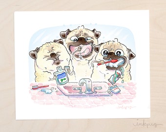 Bath Pugs: Toothbrushers - funny pug bathroom art, brush your teeth pug art print, cute pugs painting for bathroom decor by Inkpug