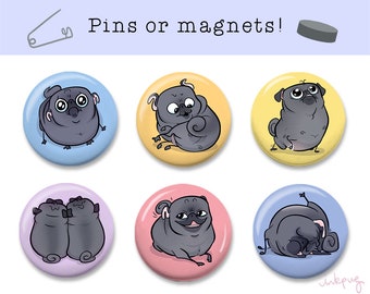 Pugmojis Set #4 - NEW - black pug magnet set, set of pins, black pug pins, cute black pug gift by Inkpug