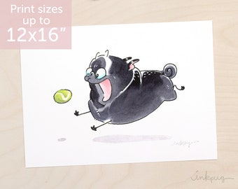 BALL! - funny black pug art print, black pug chasing tennis ball by Inkpug