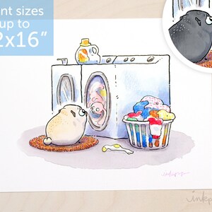 Miss You A Lot pug art print - cute pug waiting for pink bunny stuffy in the wash - pug wall art, pug laundry room print by Inkpug