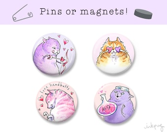 Valentine love cat pins - cute cat magnets or pinback buttons, Valentines Day cat lover gift by Inkpug