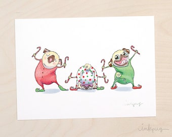 Holiday Spirit Squad - pug Christmas print, holiday pug art, Christmas pugs, pug elf, dancing pug elves by Inkpug