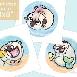 Merpugs pug art prints - mermaid pugs, ocean pugs, summer cottage or seaside beach art with pugs, cute pug mermaid art by Inkpug