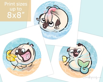 Merpugs pug art prints - mermaid pugs, ocean pugs, summer cottage or seaside beach art with pugs, cute pug mermaid art by Inkpug