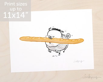 Le Parisien pug art print - cute french pug with baguette, fresh bread print, pug kitchen print, funny pug art by Inkpug