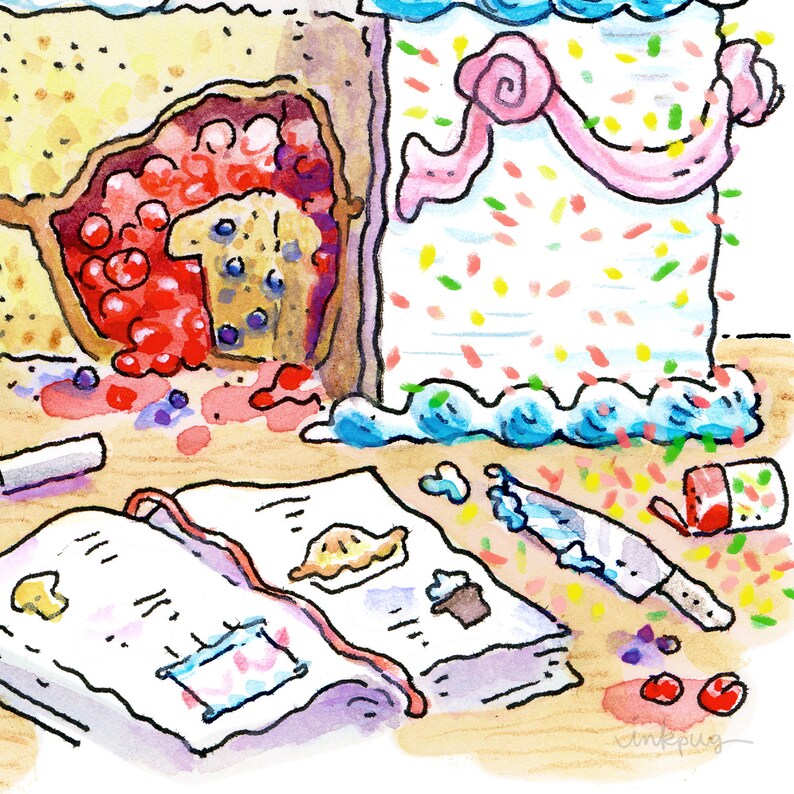 May include: A watercolor illustration of a messy kitchen counter with a cookbook open to a page with a pie recipe, a knife, a can of frosting, a pie crust, and a cake with sprinkles.