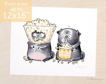Movie Night black pug art print - popcorn pugs with cone, cute black pug print for rec room by Inkpug
