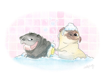 Rub-a-Chub-Chub Pugs in the Tub Pug Art Print - Fawn and Black Pug in the Bathtub in this Cute Bathroom Print by Inkpug