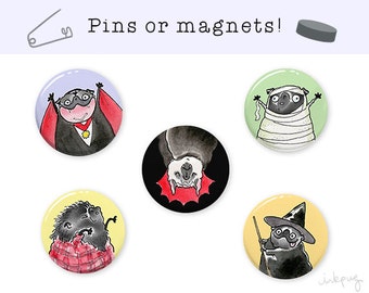 Black Pug Halloween Pins or Magnets - Cute Halloween decor, Halloween Magnets, black pug Halloween gift, pug Halloween costume art by Inkpug