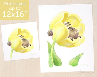 Tulip Nap brindle pug art print, cute brindle pug painting, sleeping pug flower print, pug print from a brindle pug watercolor by Inkpug