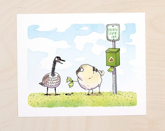 What's good for the goose... - funny pug and goose art print by Inkpug