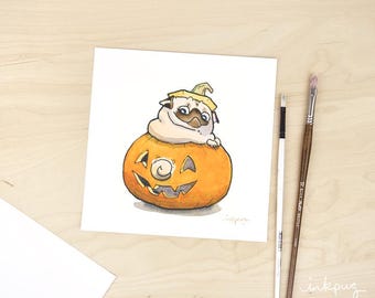 Pug O Lantern - pug in a pumpkin art print, pug Halloween decorations, pugkin Halloween art, funny pug art by Inkpug