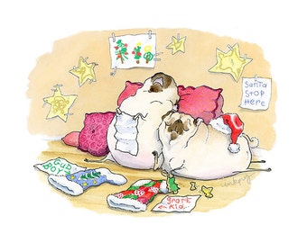 Waiting for Santa - Christmas pug art print, pug Christmas decoration, holiday pug print, cute Christmas pugs by Inkpug