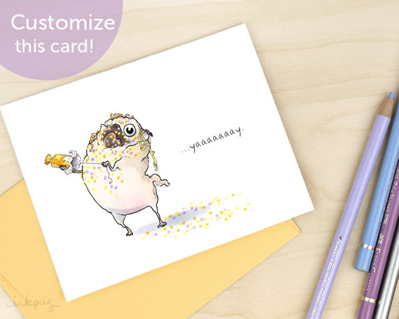party or celebration card Backfire funny birthday cards surprise party invitations by Inkpug pug funny congratulations card