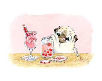 Shirley Temple, Leave the Cherries - 5x7, 8x10 Pug Art Print, Cute Kitchen Art, Cocktail or Bar Art with Pugs and Cherries by Inkpug