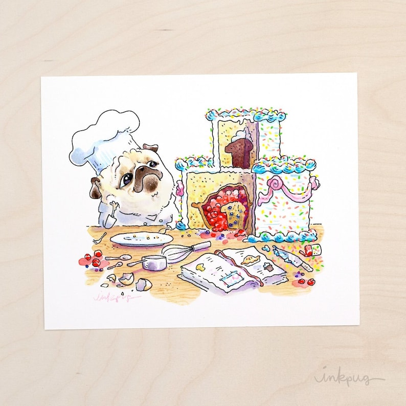 May include: A cartoon pug wearing a chef's hat looks up at a stack of three cakes with colorful frosting and sprinkles. The cakes are decorated with a variety of toppings, including berries, chocolate chips, and a small cupcake. A cookbook and other baking supplies are scattered around the pug.