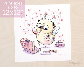 Rent-A-Cupid - cute pug art print, pug cupid, cupid pug Valentine's Day decoration, pug Valentine art by Inkpug