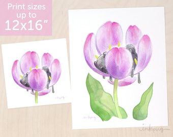 Tulip Nap black pug art print, cute black pug painting, sleeping pugs and flowers print, pug print from a black pug watercolor by Inkpug