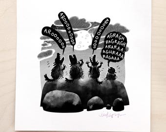 Pug Howl - funny pug art, wolf pug print, pug wolf print, howling pug art print by Inkpug