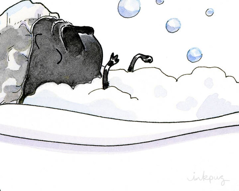 May include: A black and white illustration of a pug dog taking a bath in a white bathtub with bubbles. The pug is lying on its back with its paws in the air. The illustration is signed "inkpug".