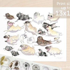 Pugs on the Move pug art print - cute running pugs art, flying pugs print with brindle, fawn, white & black pugs by Inkpug