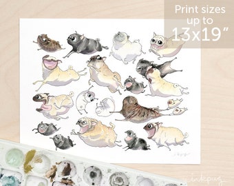 Pugs on the Move pug art print - cute running pugs art, flying pugs print with brindle, fawn, white & black pugs by Inkpug