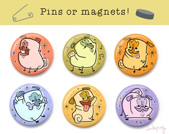 Retro Pugs pins or magnets - cute Mid-Century modern pug accessories, 50s 60s 70s pug fridge magnets, pug gift for pug lover by Inkpug