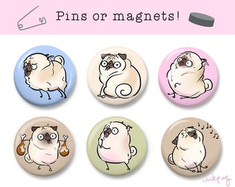 Pugmojis Set #3 - funny pug pins or magnets, cute pug accessories, pug buttons, pug badges by Inkpug