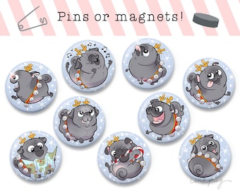 Reindeer Pugs - black pug reindeer pins or magnets, holiday and Christmas pug gifts, black pug Christmas decor or stocking stuffer by Inkpug