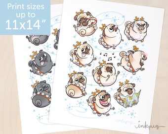 Reindeer Pugs art print - fawn or black pug reindeer print for holiday and Christmas pug decor, black pug Christmas print by Inkpug