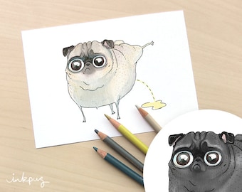 Pee Pilates Peeing Pug Art Print - Funny Pug Print, Pug Bathroom Art, Strange Pug Drawing by Inkpug