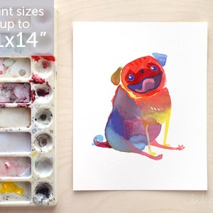 Happy Rainbow Pug art print - watercolor pug painting wall art, cute colorful pug decor by Inkpug