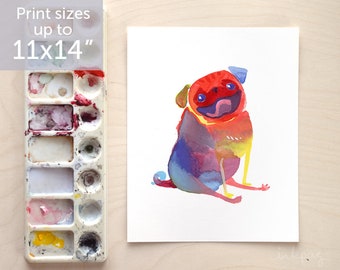 Happy Rainbow Pug art print - watercolor pug painting wall art, cute colorful pug decor by Inkpug