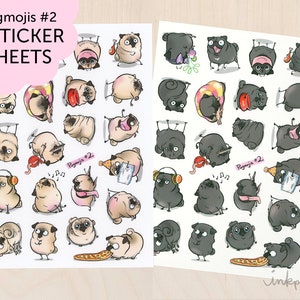 Pugmojis #2 pug stickers - funny pugs sticker sheets with fawn or black pugs, pug planner stickers, cute pug lover sticker sheets by Inkpug