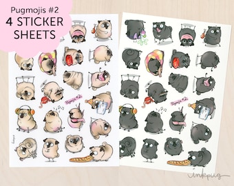 Pugmojis #2 pug stickers - funny pugs sticker sheets with fawn or black pugs, pug planner stickers, cute pug lover sticker sheets by Inkpug