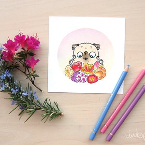 Flower Pugs - Tulips - fawn pug art print, cute pug watercolor print, pug wall art, pug decor, colorful pink spring flowers pug by Inkpug