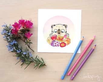 Flower Pugs - Tulips - fawn pug art print, cute pug watercolor print, pug wall art, pug decor, colorful pink spring flowers pug by Inkpug
