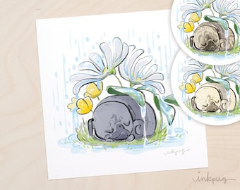 Rainy Day pug art - flower pug in the rain, cozy rain print, black pug, fawn pug or brindle pug print by Inkpug