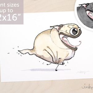 Zoomies pug art print - cute pug art, zoomie pug print, funny pug decor, running pug wall art by Inkpug