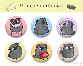 Pugmojis Set #2 - cute black pug magnets or pins, funny black pug decor, black pug gift, black pug accessories by Inkpug