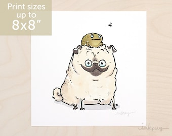 Bug Off, AKA, Pug and Toad are Friends - toad and pug art print, cute toad art, funny pug print for garden art or gardener by Inkpug